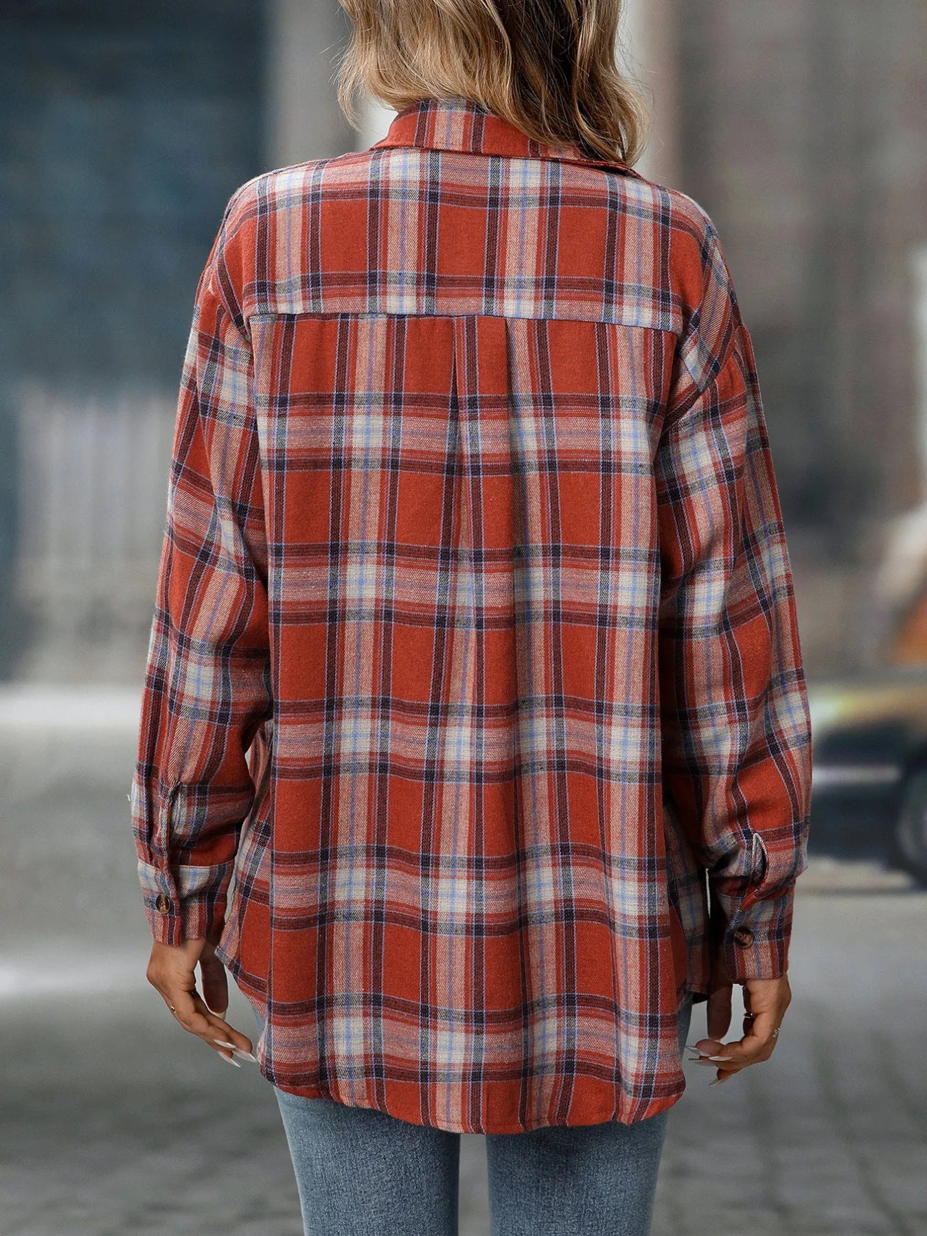 Plaid Button-Down Oversized Shirt Trendsi