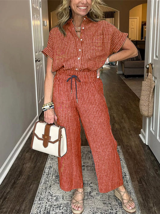 Full Size Striped Button-Up Shirt and Wide Leg Pants Casual Set Plus Size Trendsi