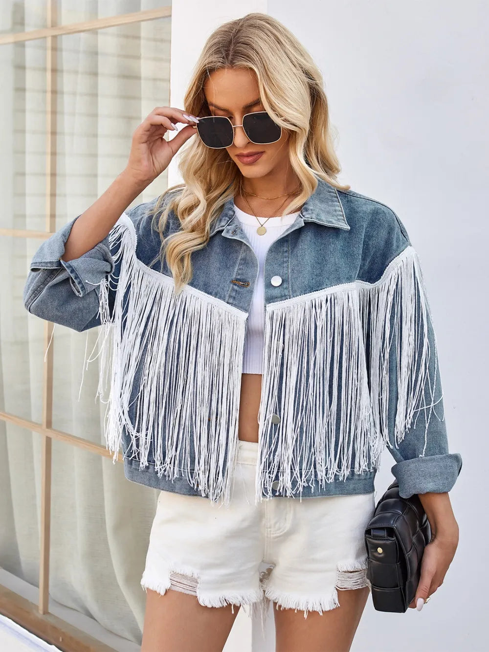 Tassel Button Up Dropped Shoulder Denim Jacket nicholesgifts