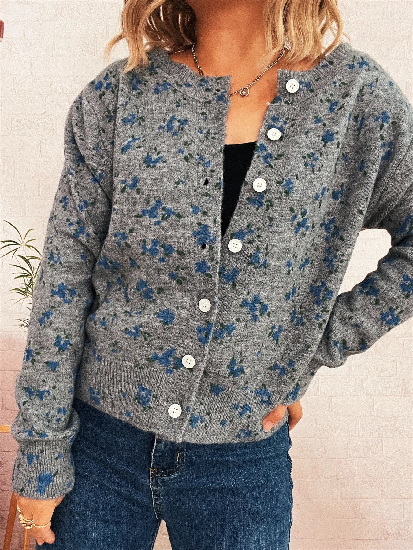 Floral Button-Up Long Sleeve Cardigan