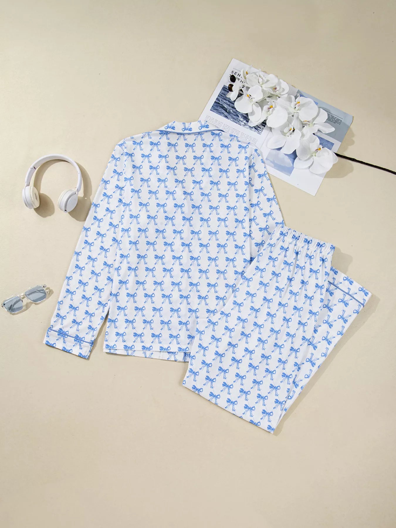 Bow Print Long Sleeve Shirt and Pants Pajama Set nicholesgifts
