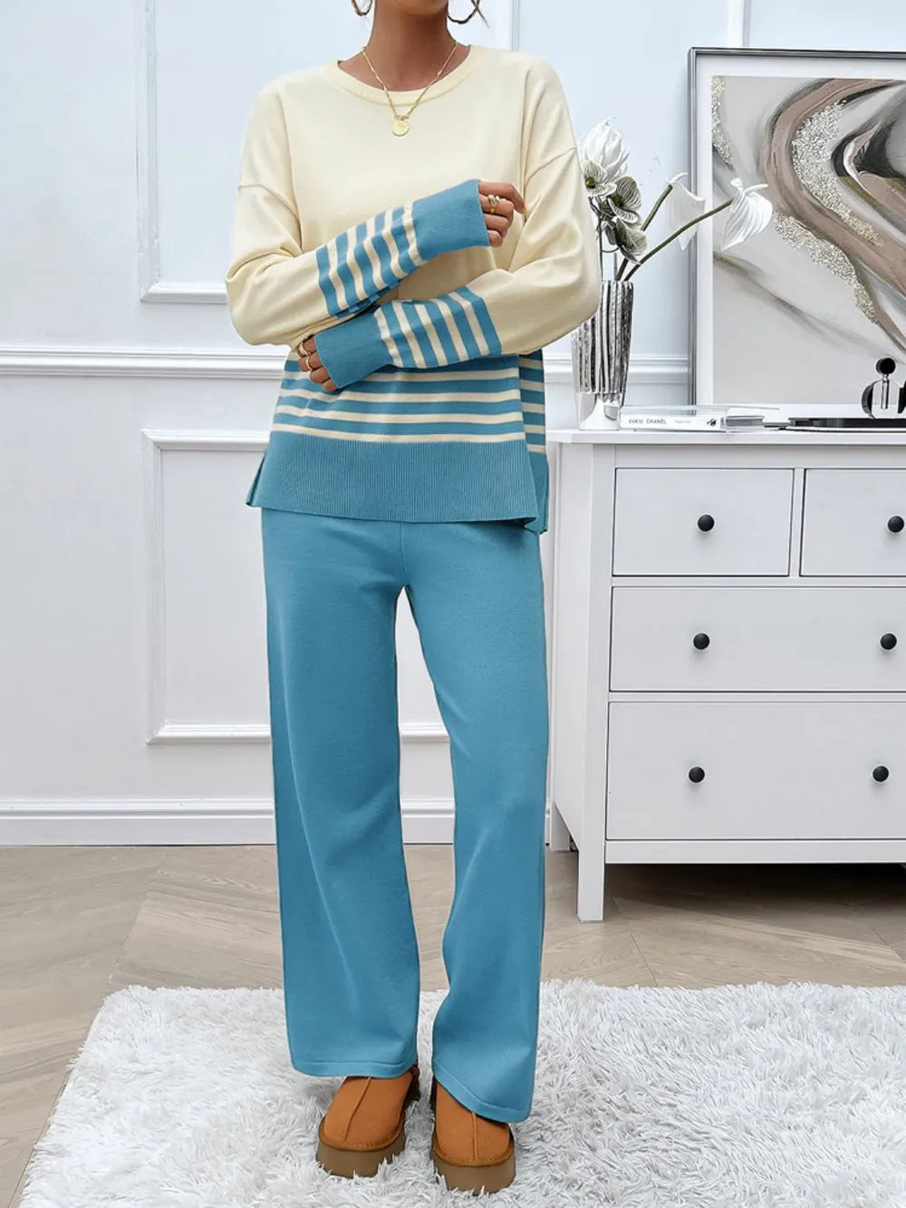 Devine Slit Striped Round Neck Top and Pants Sweater Set nicholesgifts