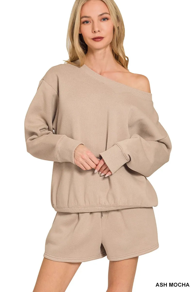 Zenana Fleece Boat Neck Sweatshirt and Shorts Set Trendsi