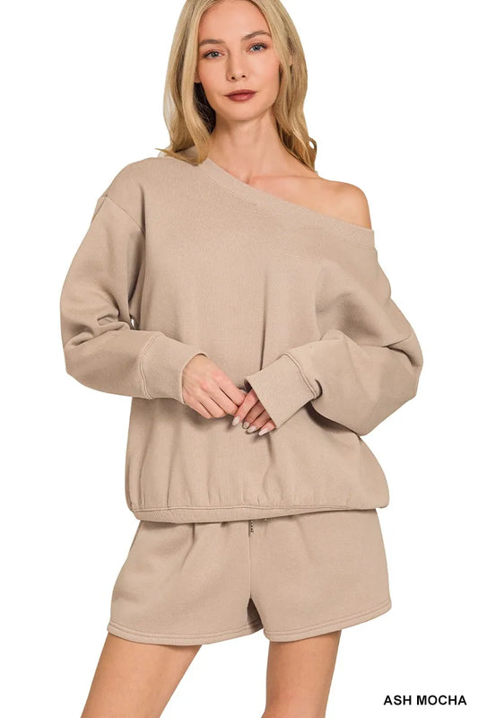 Zenana Fleece Boat Neck Sweatshirt and Shorts Set Trendsi