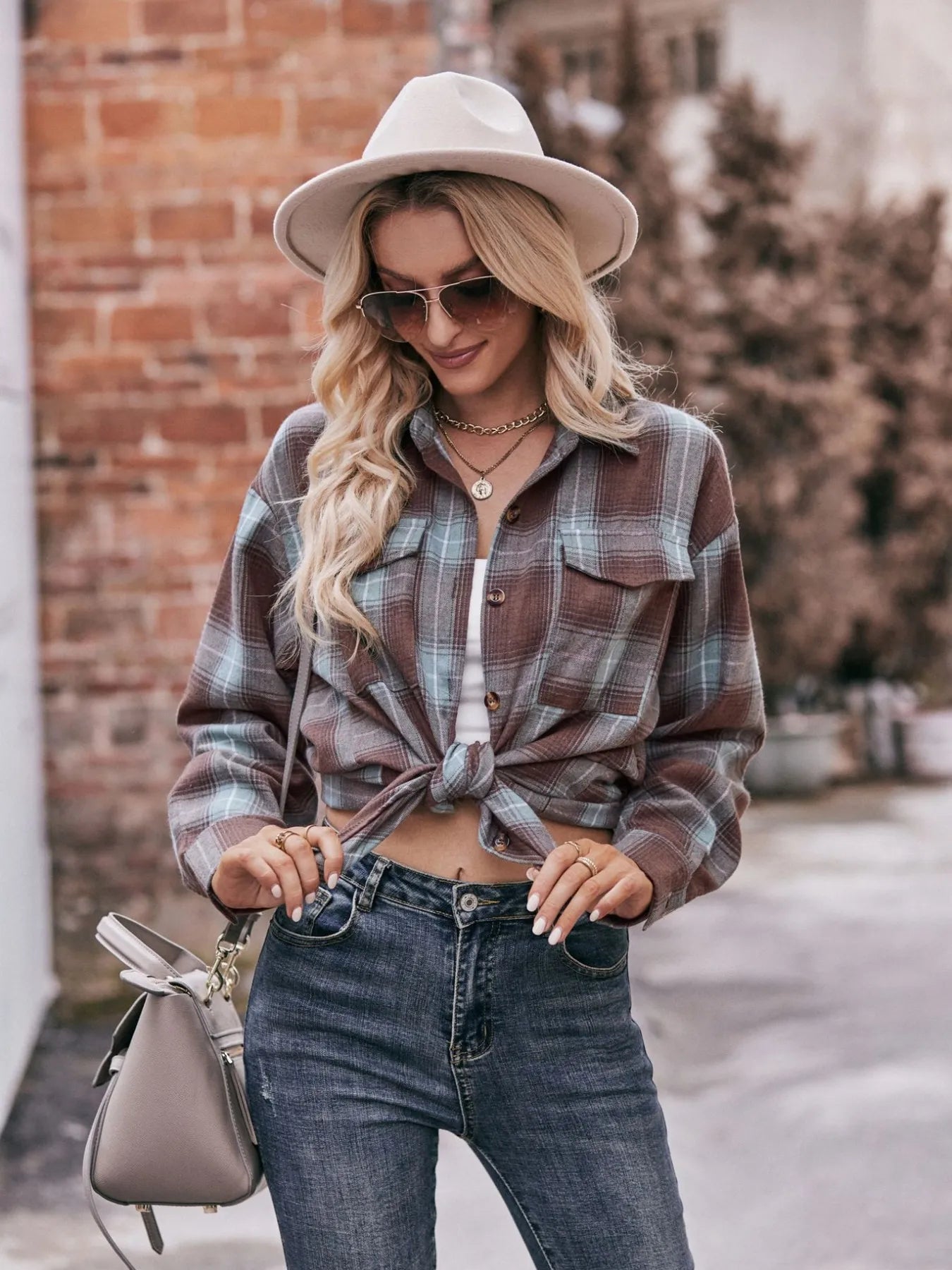 Plaid Button-Down Long Sleeve Shirt Trendsi