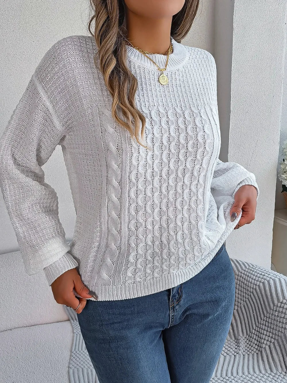 Cable-Knit Round Neck Long Sleeve Sweater Trendsi