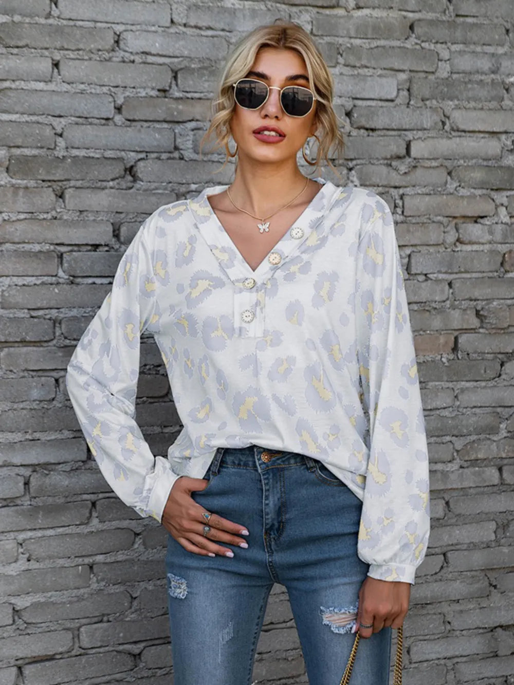 Leopard V-Neck Decorative Button Long Sleeve Blouse NicholesGifts