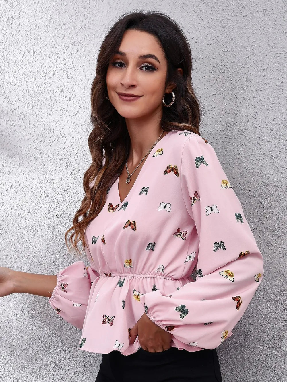 Butterfly V-Neck Balloon Sleeve Peplum Blouse nicholesgifts