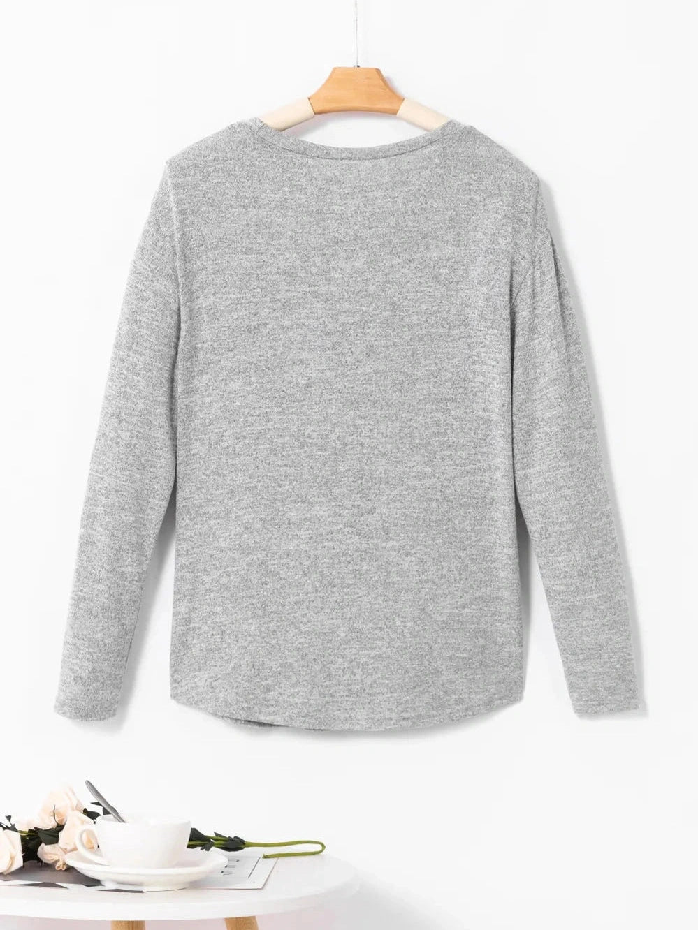 Decorative Button Round Neck Long Sleeve Top