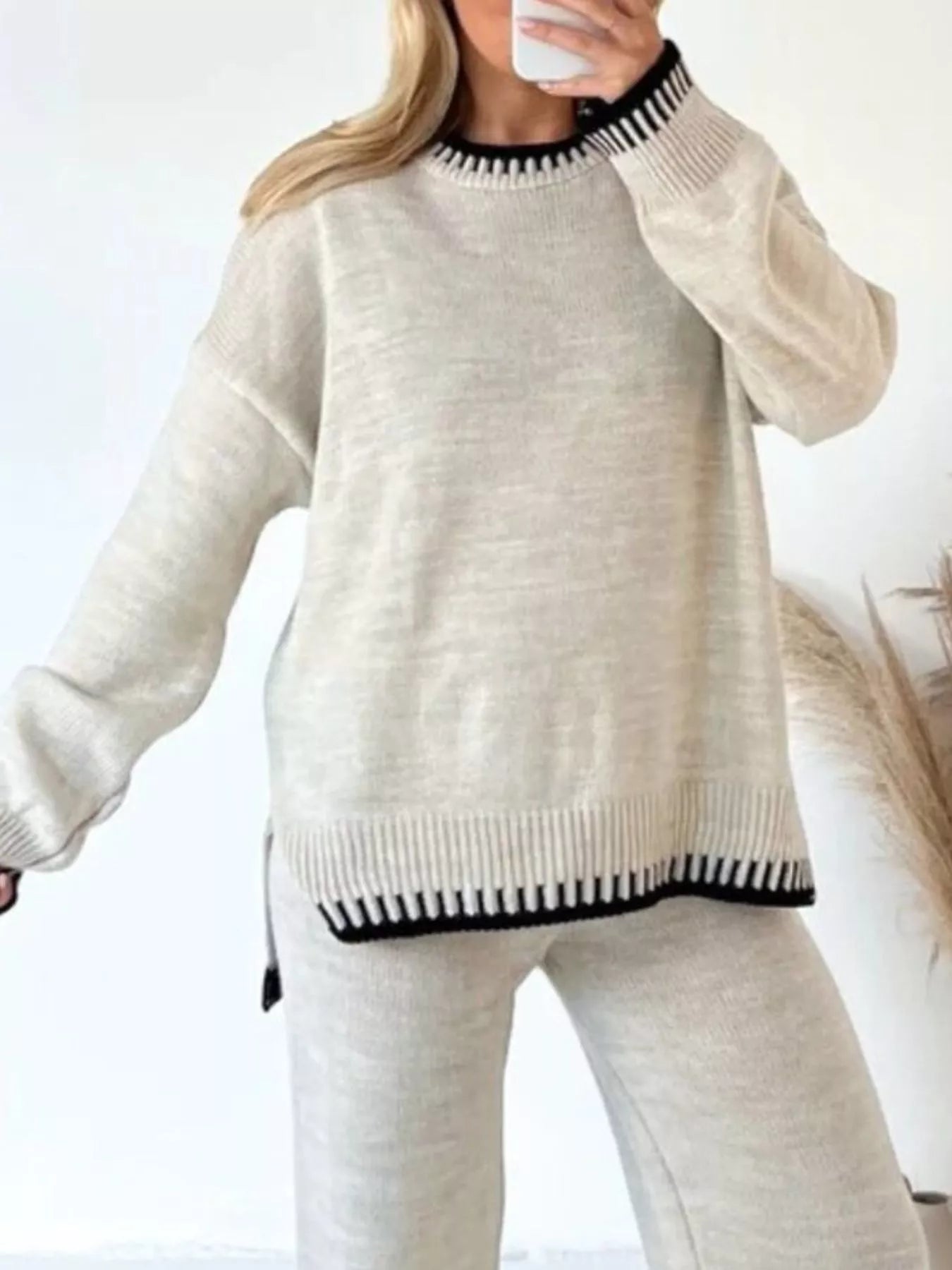 Contrast Trim Round Neck Top and Pants Sweater Set nicholesgifts