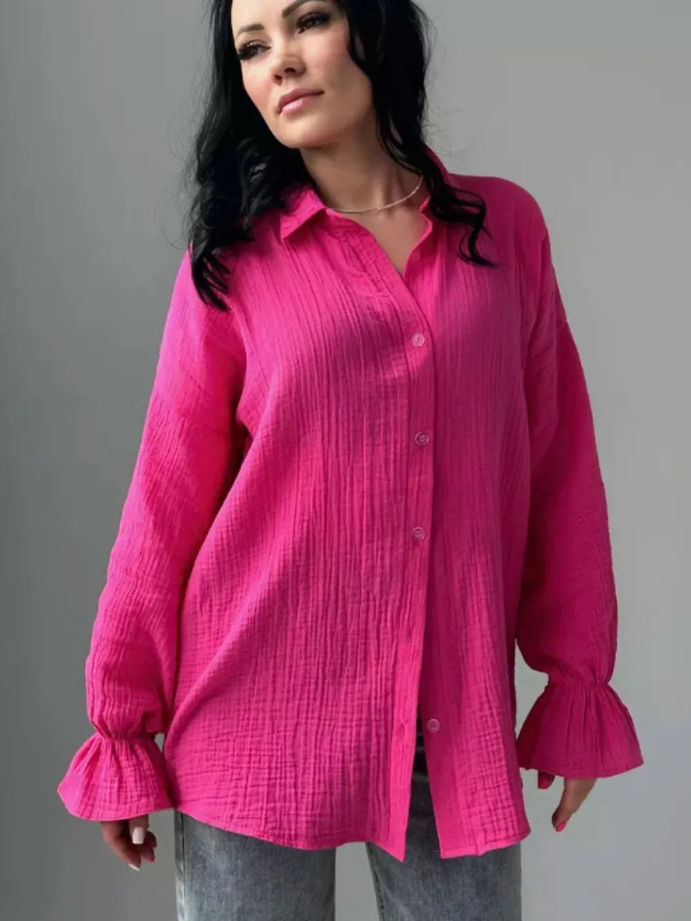 Textured Collared Neck Flounce Sleeve Shirt nicholesgifts