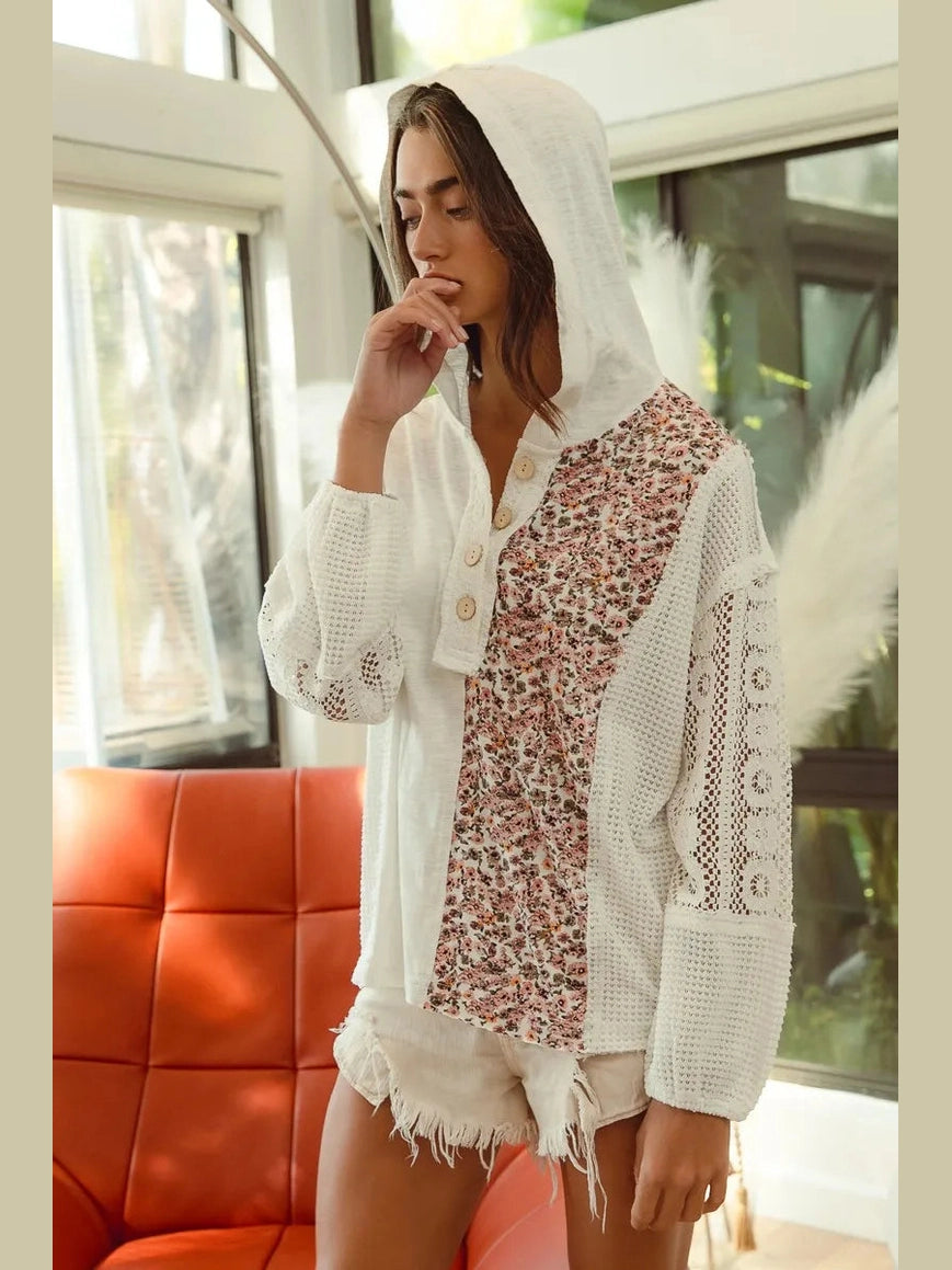 BiBi Slub Jersey with Lace Combo Buttoned Hoodie Top