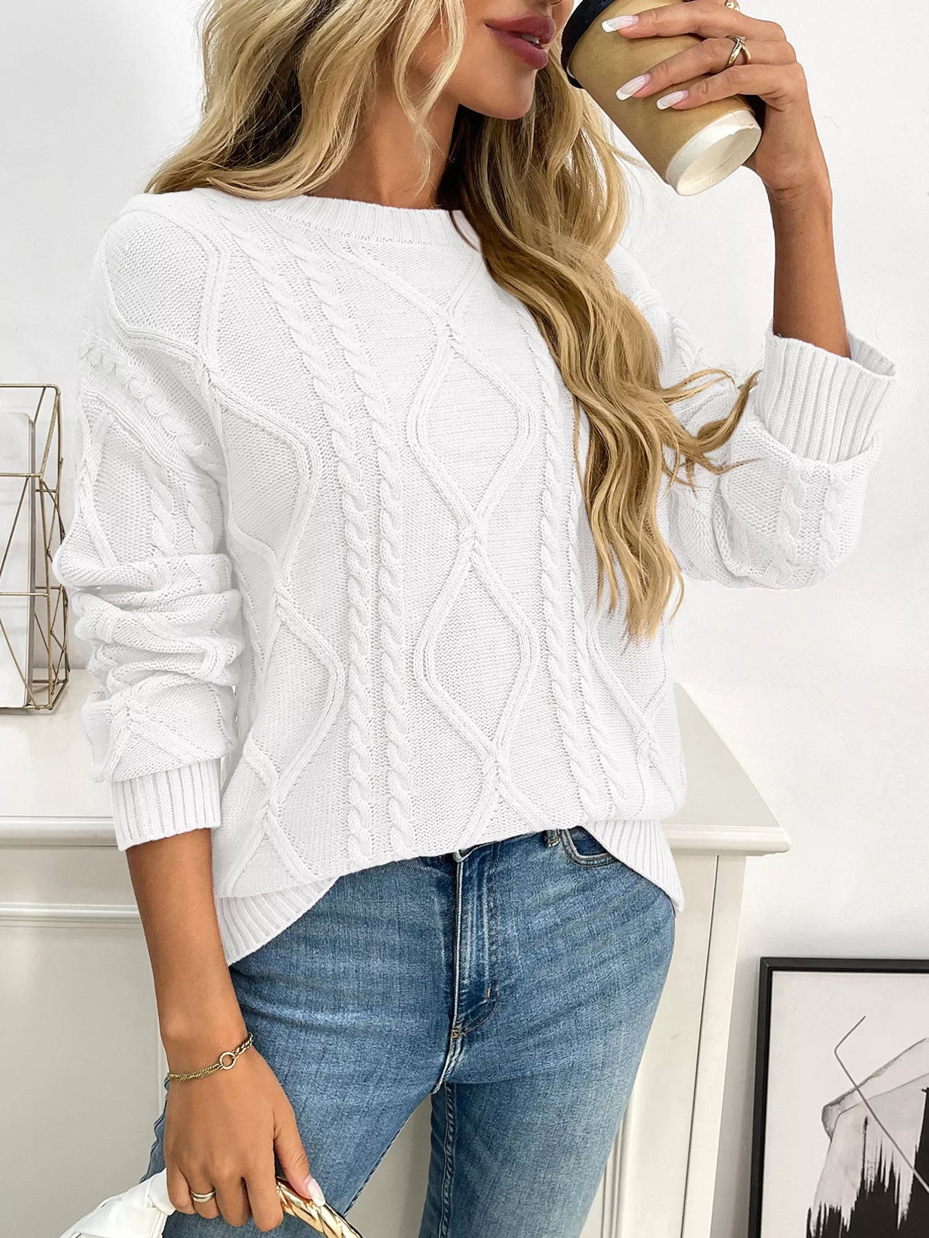 Cable Knit Round Neck Long Sleeve Sweater Trendsi