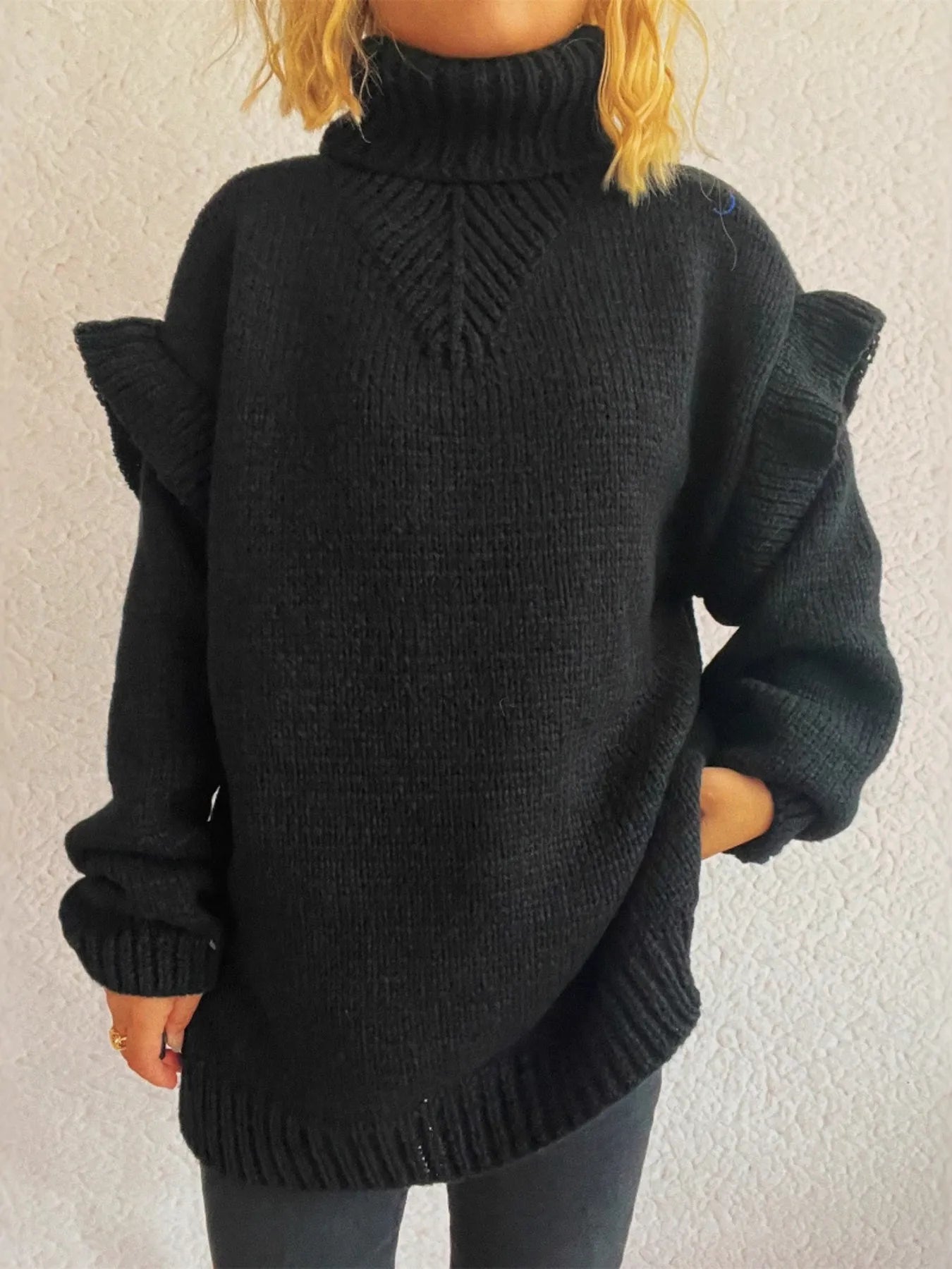 Women Ruffled Turtleneck Long Sleeve Sweater