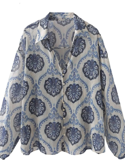 Printed Button Up Long Sleeve Dress NicholesGifts