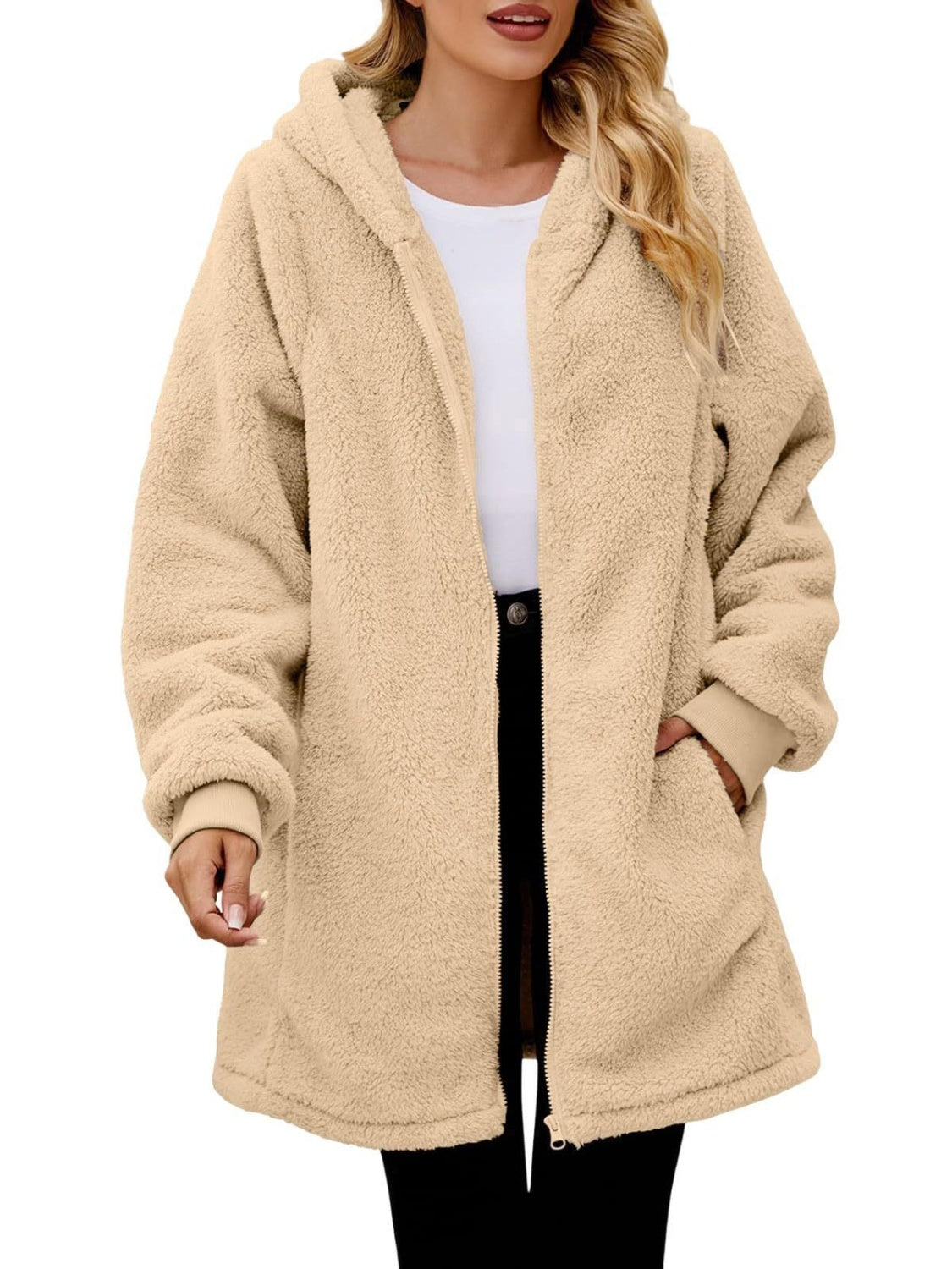 Fuzzy Pocketed Zip Up Long Sleeve Hooded Jacket NicholesGifts