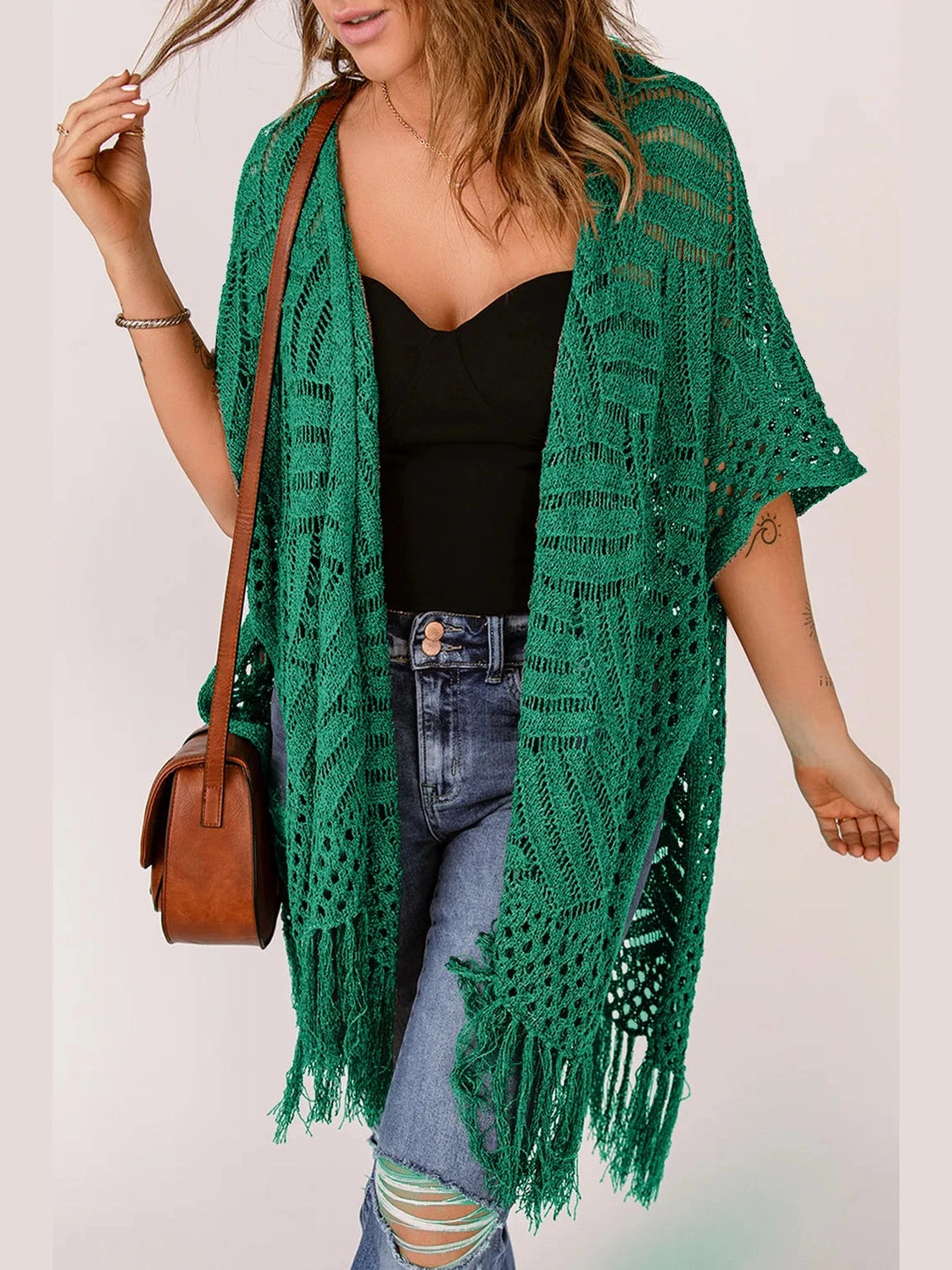 Openwork Open Front Cardigan with Fringes nicholesgifts