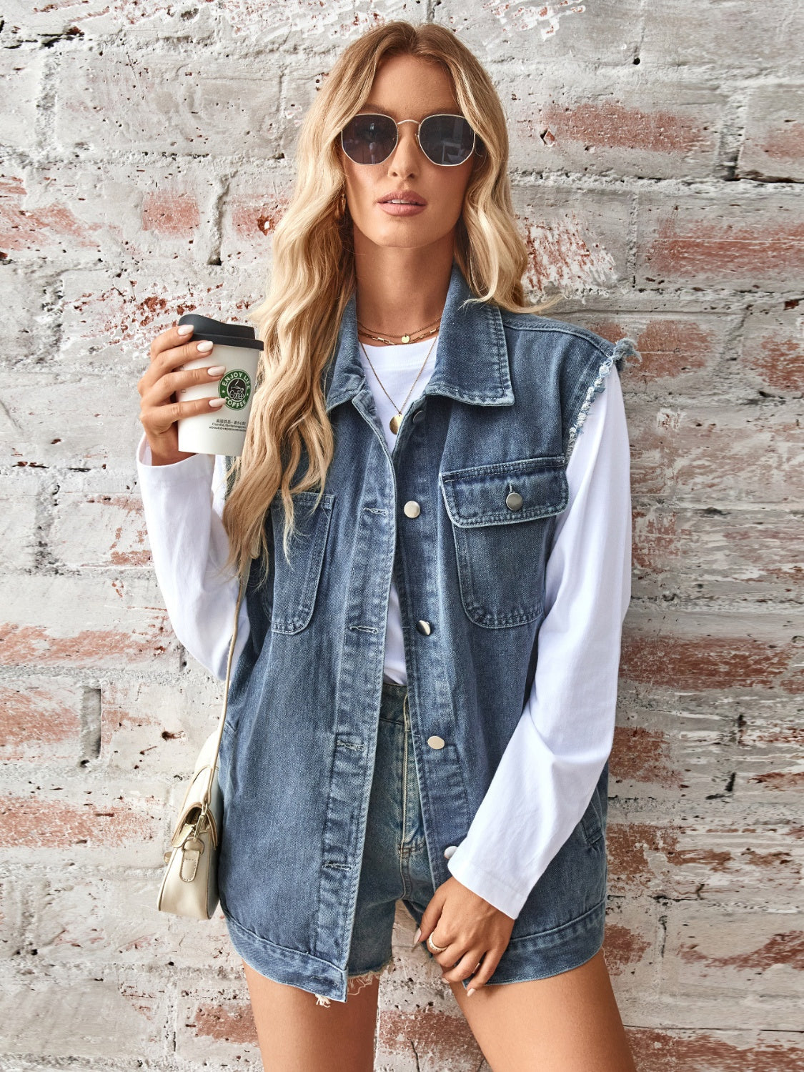Raw Hem Sleeveless Button Up Denim Jacket nicholesgifts
