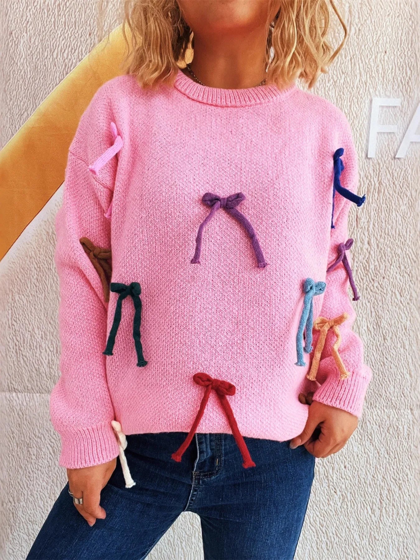 Colorful Bow Round Neck Sweater