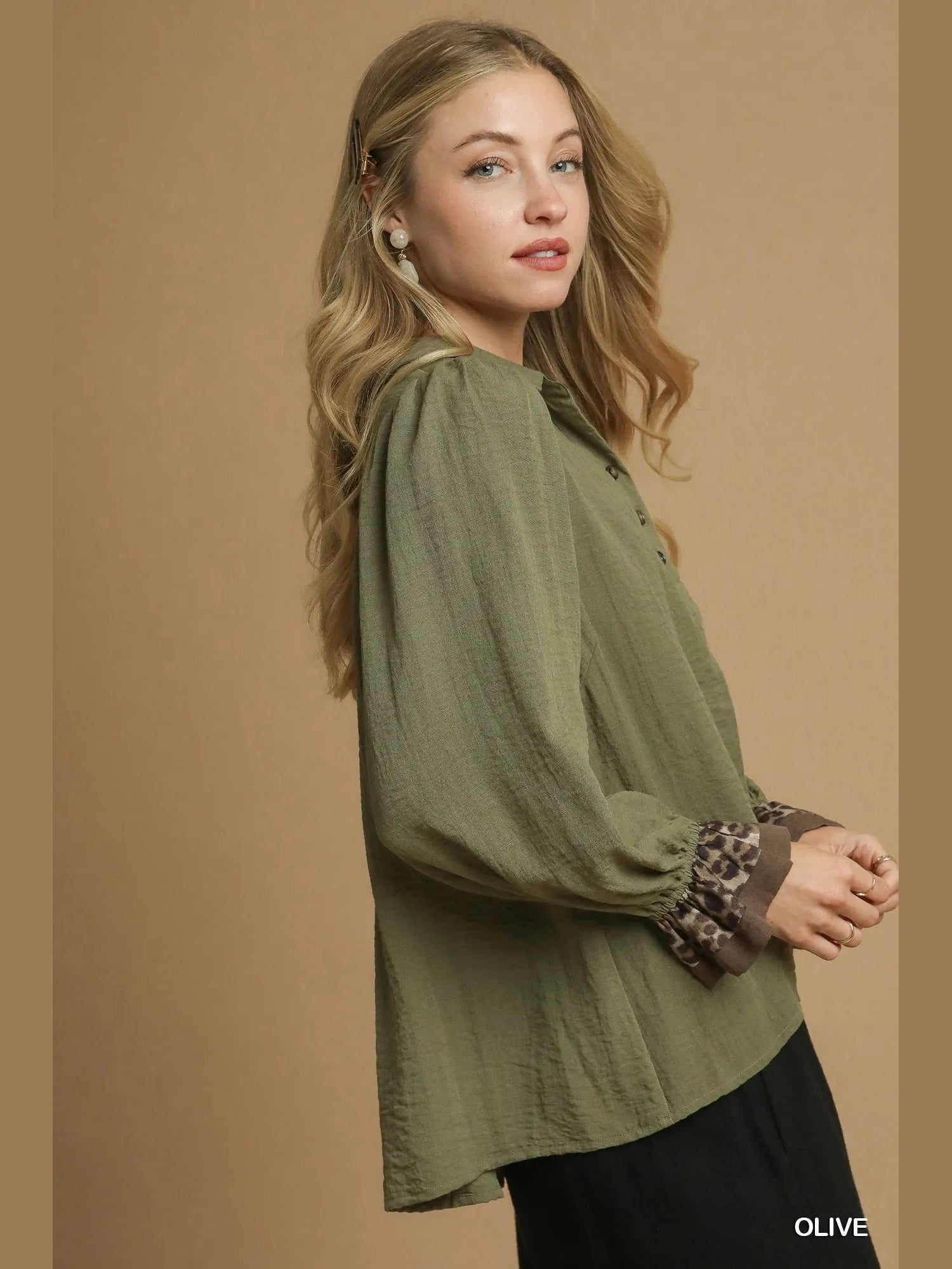 Umgee Half Button Blouse with Leopard Print Trim NicholesGifts