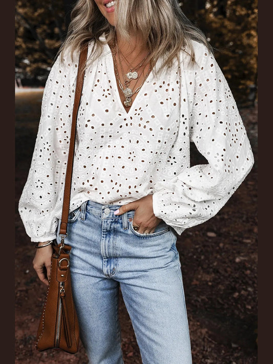 Eyelet V-Neck Long Sleeve Blouse NicholesGifts