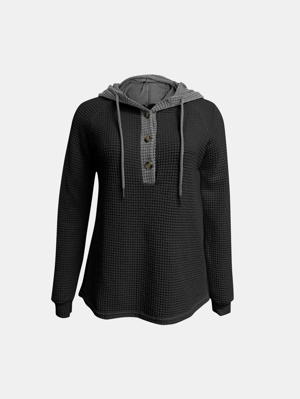 Full Size Waffle-Knit Contrast Long Sleeve Hoodie Trendsi