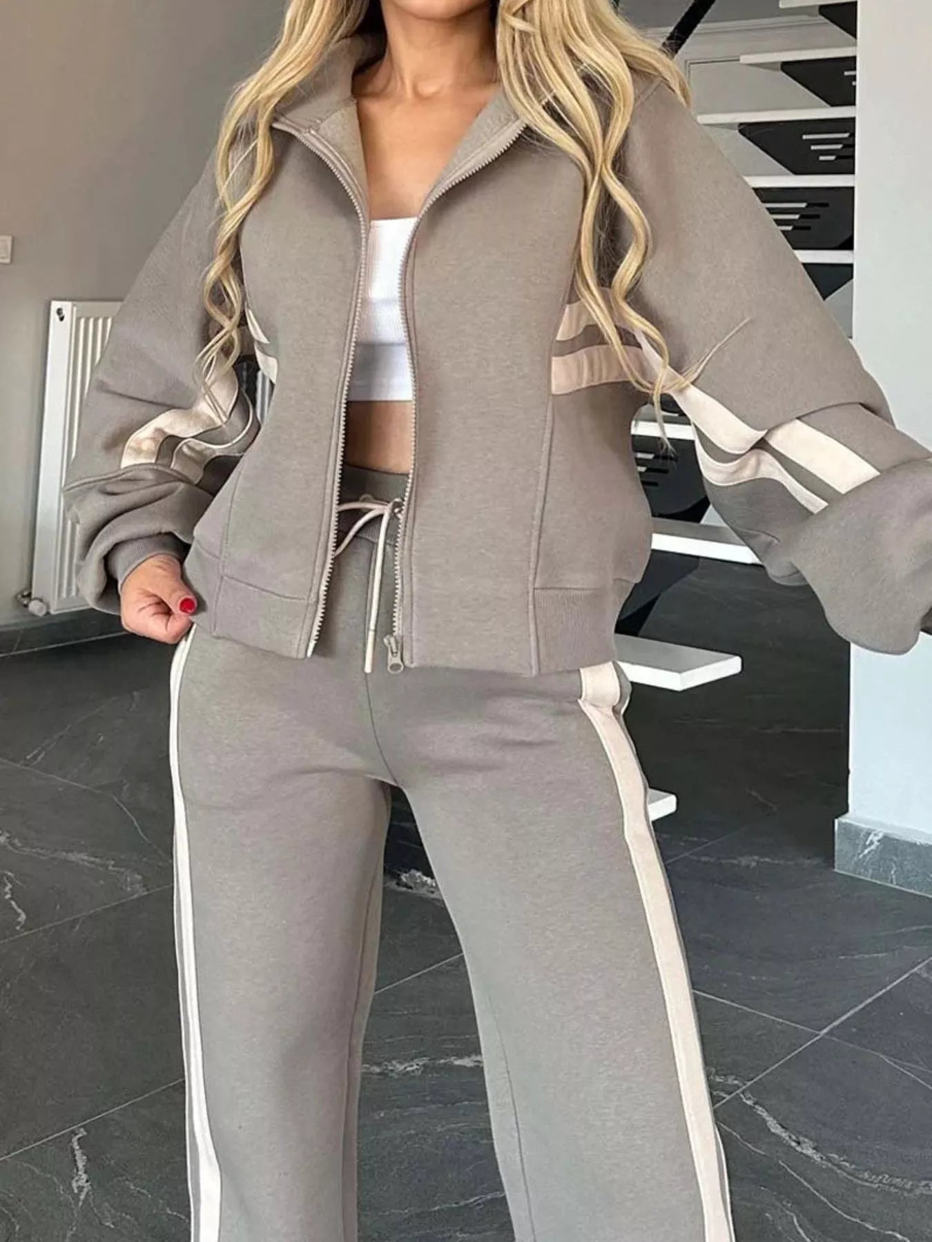 Full Size Contrast Stripe Zip Up Jacket and Pants Set Plus Size nicholesgifts