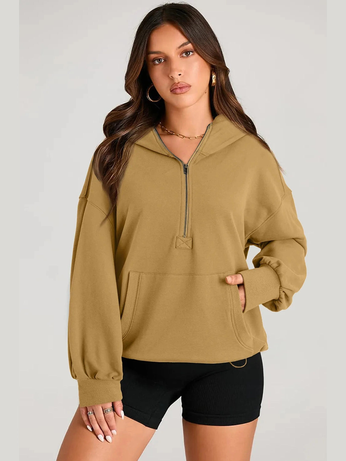Pocketed Half Zip Long Sleeve Hoodie Trendsi