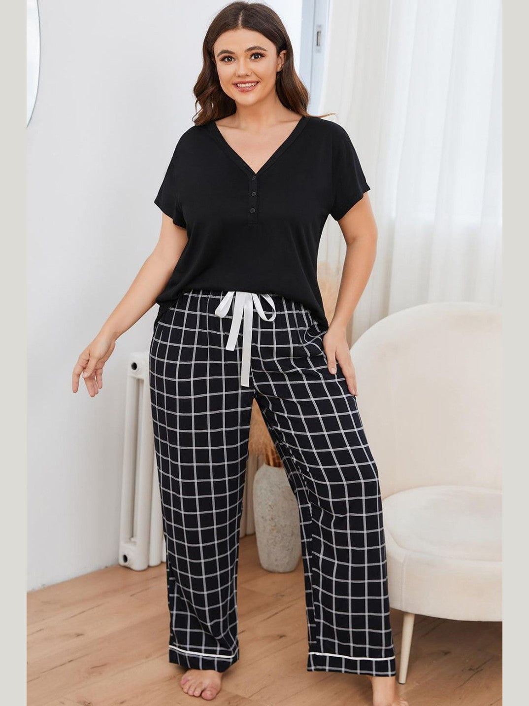 Plus Size V-Neck Top and Plaid Pants Lounge Set nicholesgifts