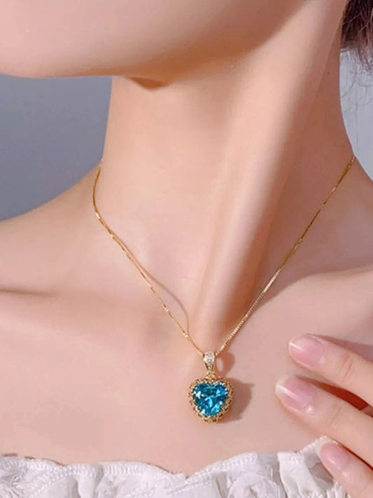 Women Heart-Shaped Aquamarine Pendant Necklace nicholesgifts