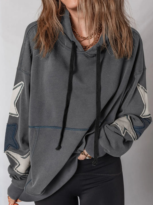 Star Patchwork Contrast Stitching Mineral Wash Kangaroo Pocket Hoodie nicholesgifts