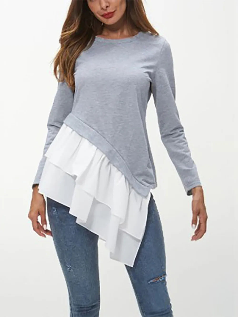Ivy Lane Tiered Contrast Round Neck Long Sleeve T-Shirt nicholesgifts