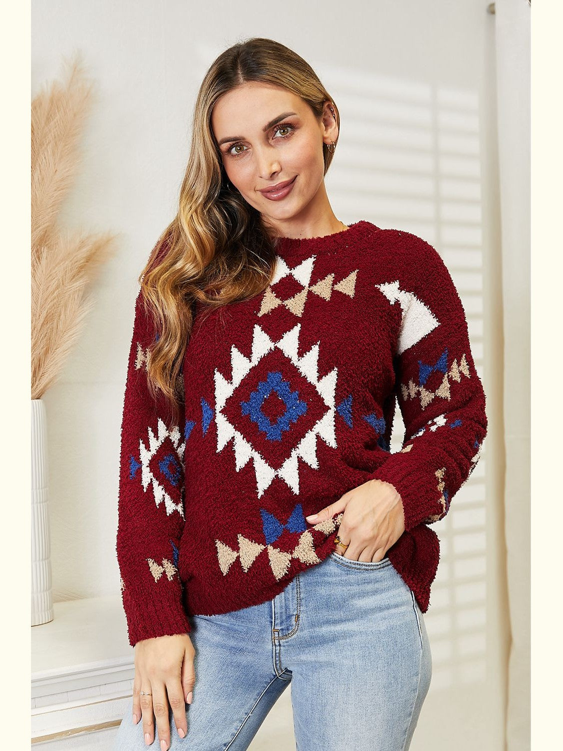 HEYSON Full Size Aztec Soft Fuzzy Sweater Trendsi