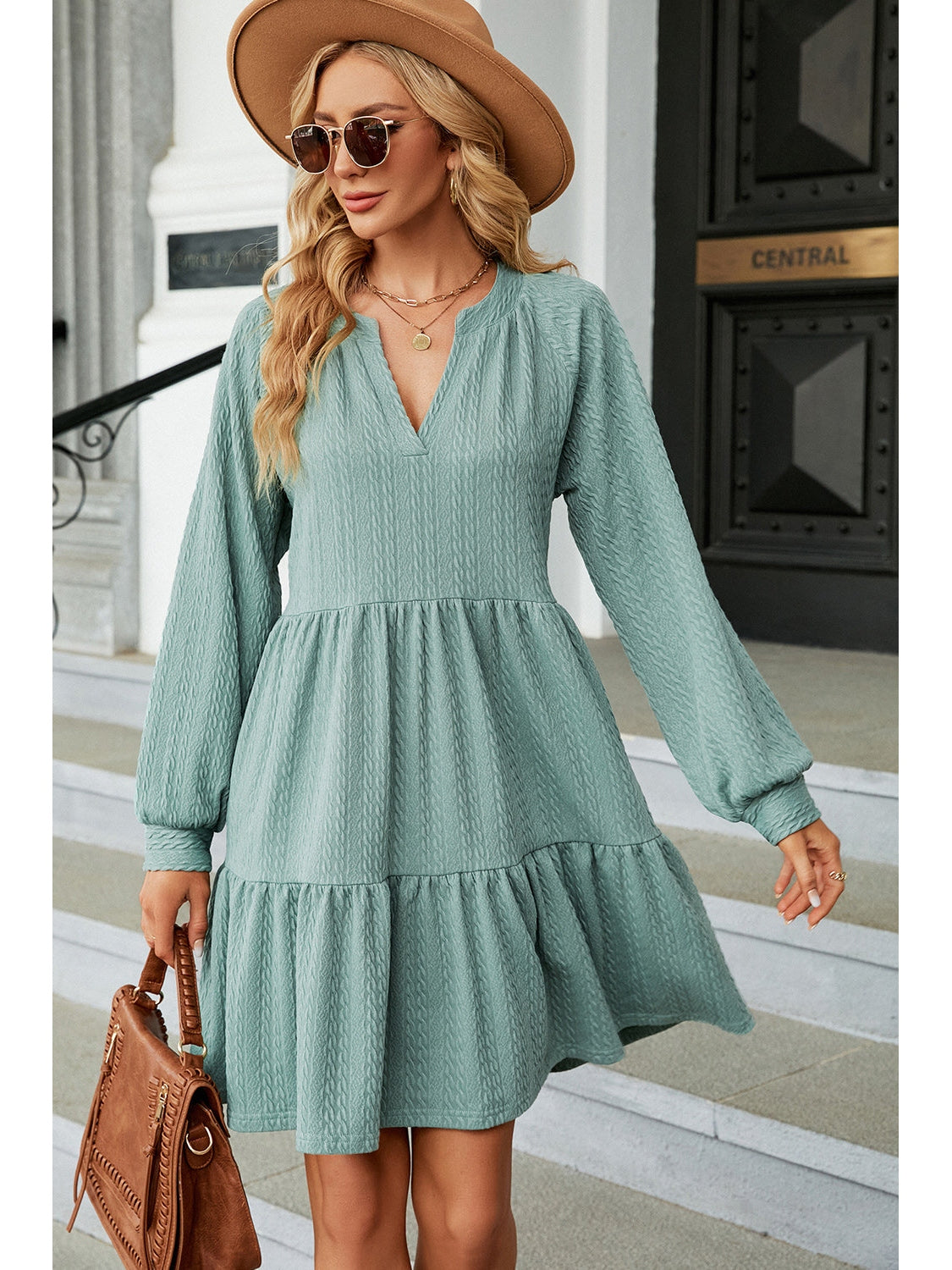 Ruched Notched Long Sleeve Mini Dress nicholesgifts