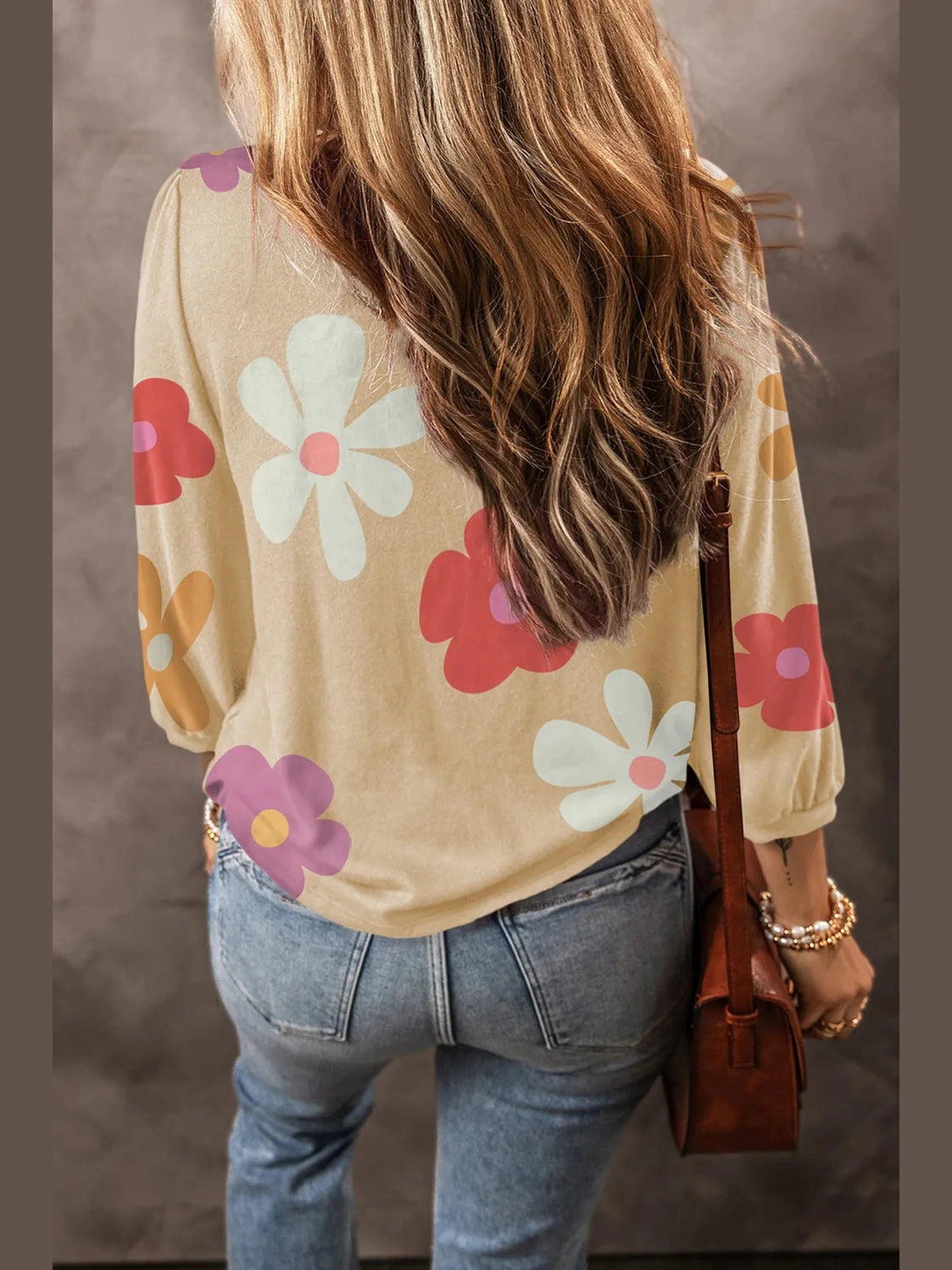 Flower Round Neck Long Sleeve Blouse