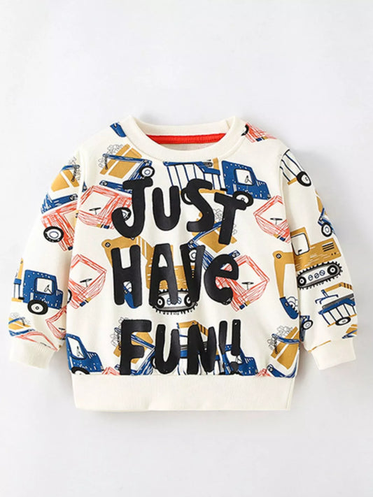 Children's Cartoon Vehicle Print Crew Neck Sweatshirt Trendsi