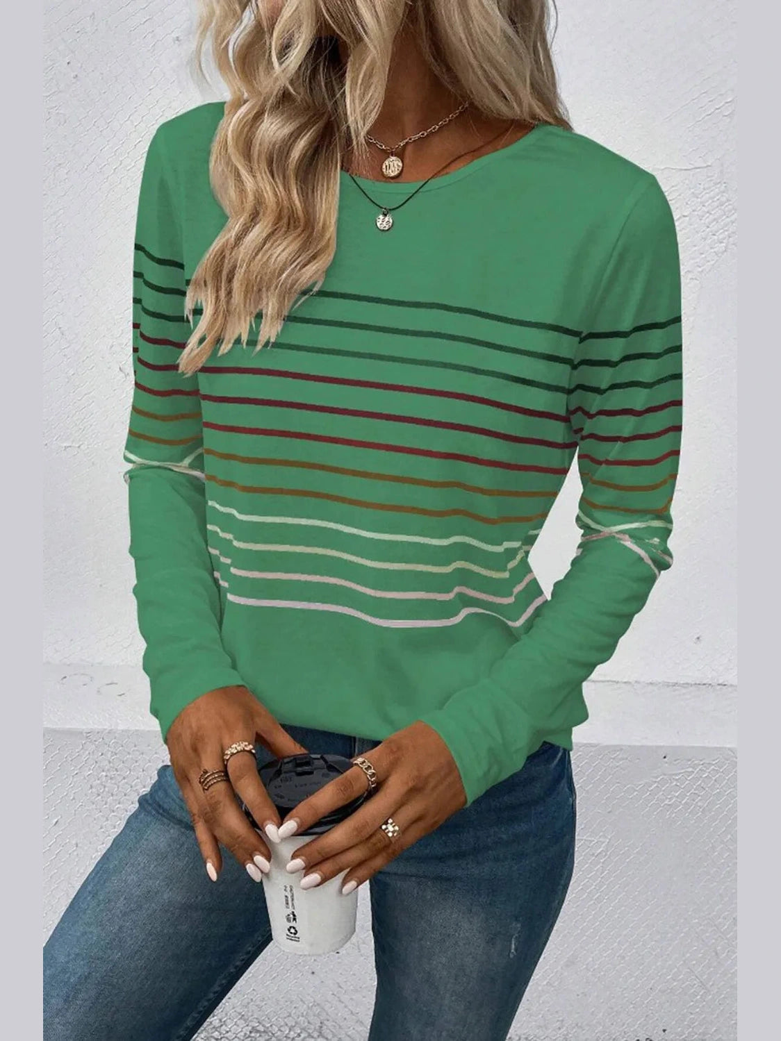 Striped Round Neck Long Sleeve T-Shirt nicholesgifts