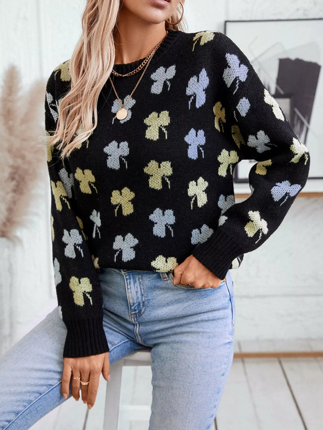 Clover Round Neck Long Sleeve Sweater Trendsi