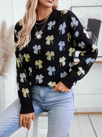 Clover Round Neck Long Sleeve Sweater Trendsi