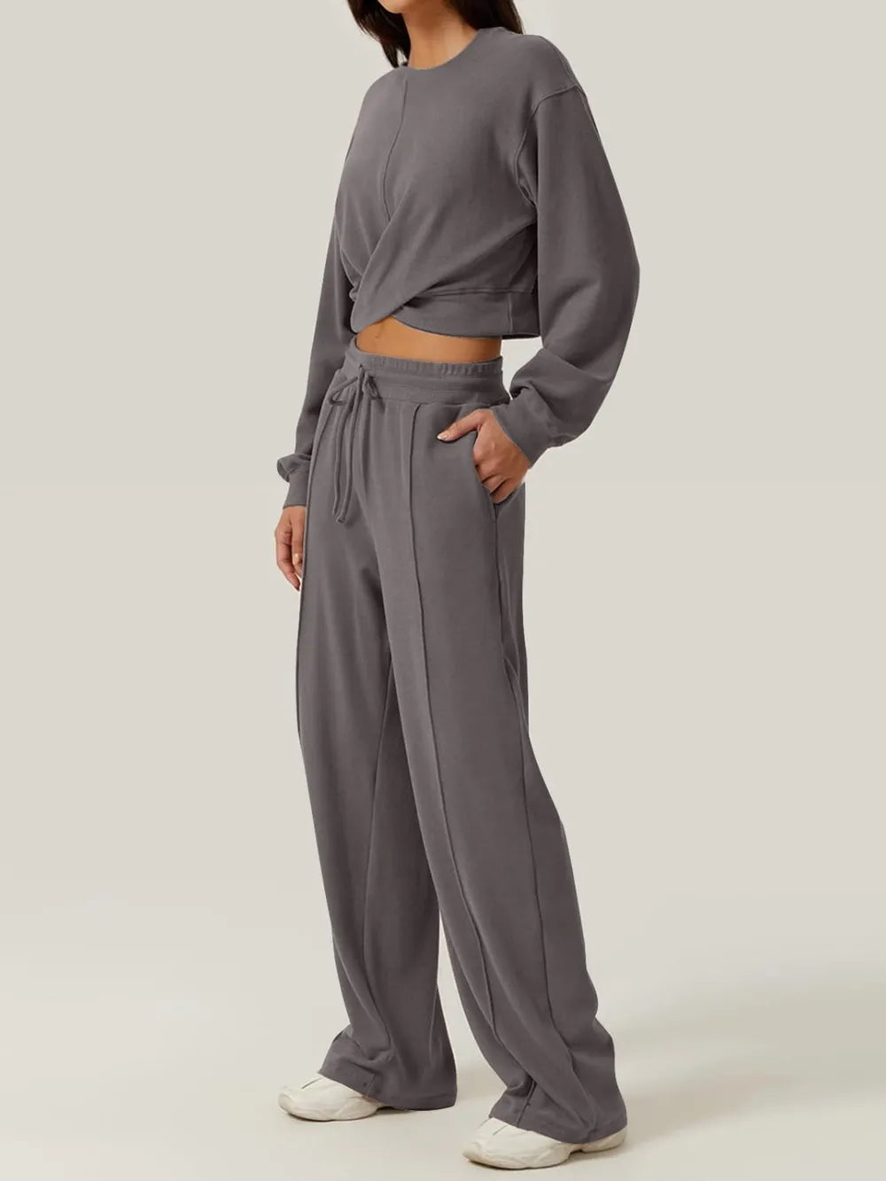 Crisscross Round Neck Top and Drawstring Pants Set nicholesgifts