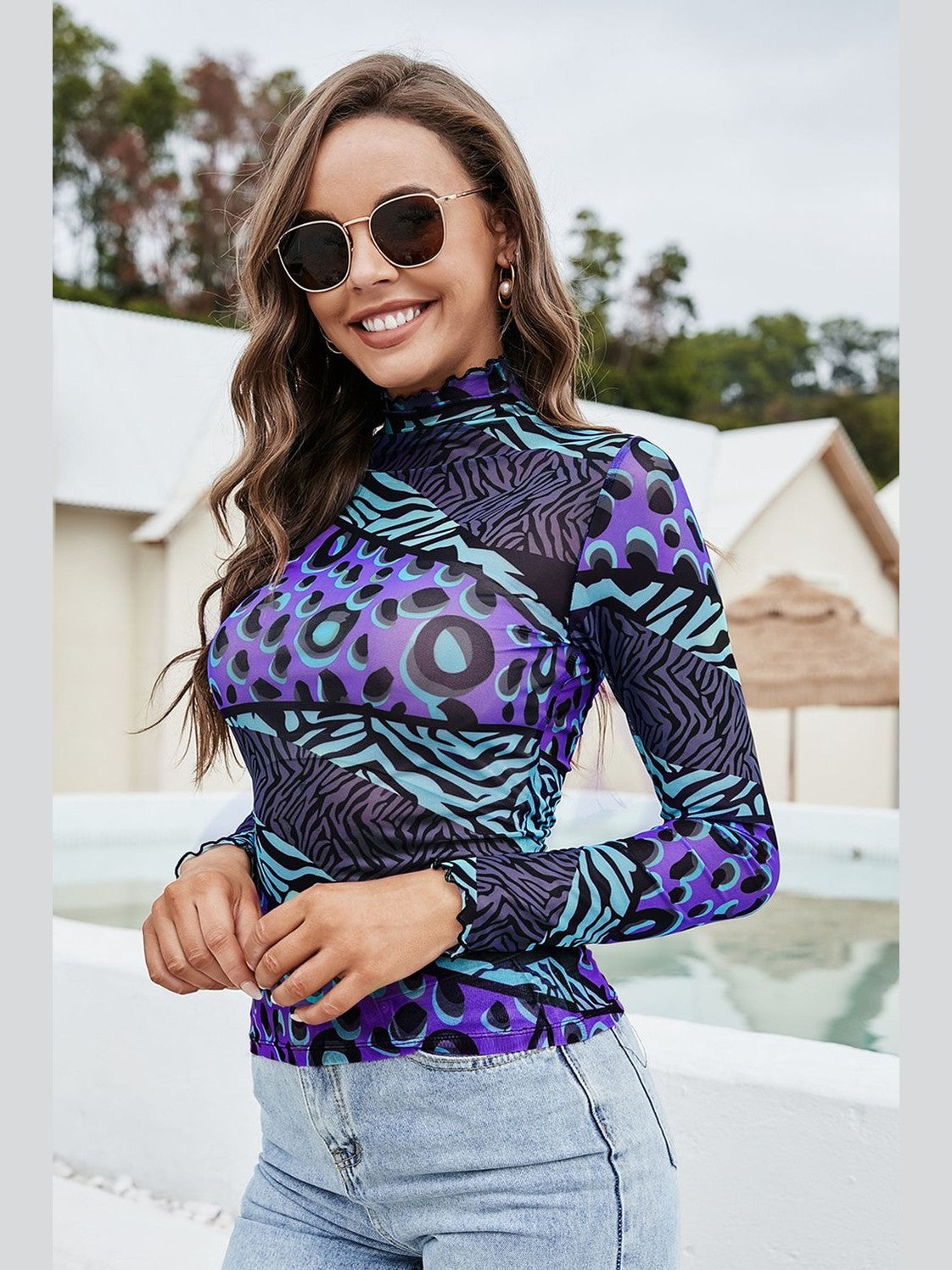 Printed Mock Neck Long Sleeve Blouse NicholesGifts