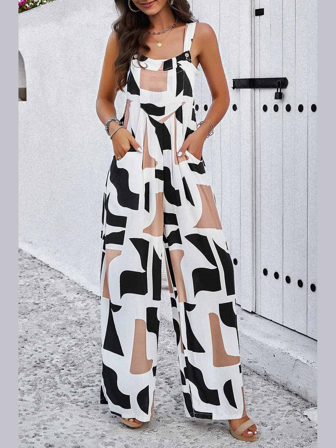 Devine Printed Wide Strap Jumpsuit with Pockets nicholesgifts