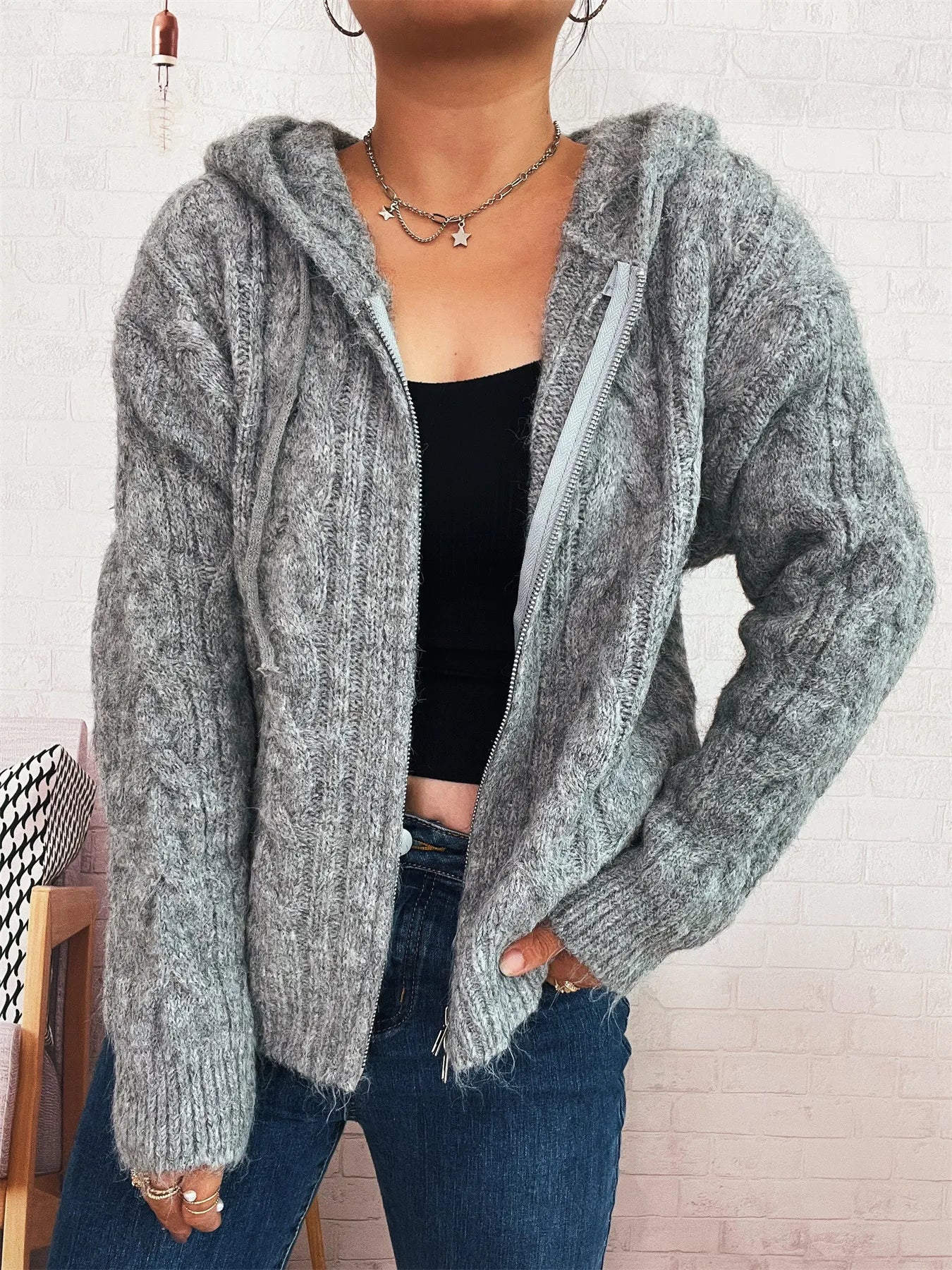 Cable Knit Hooded Zip-Up Cardigan