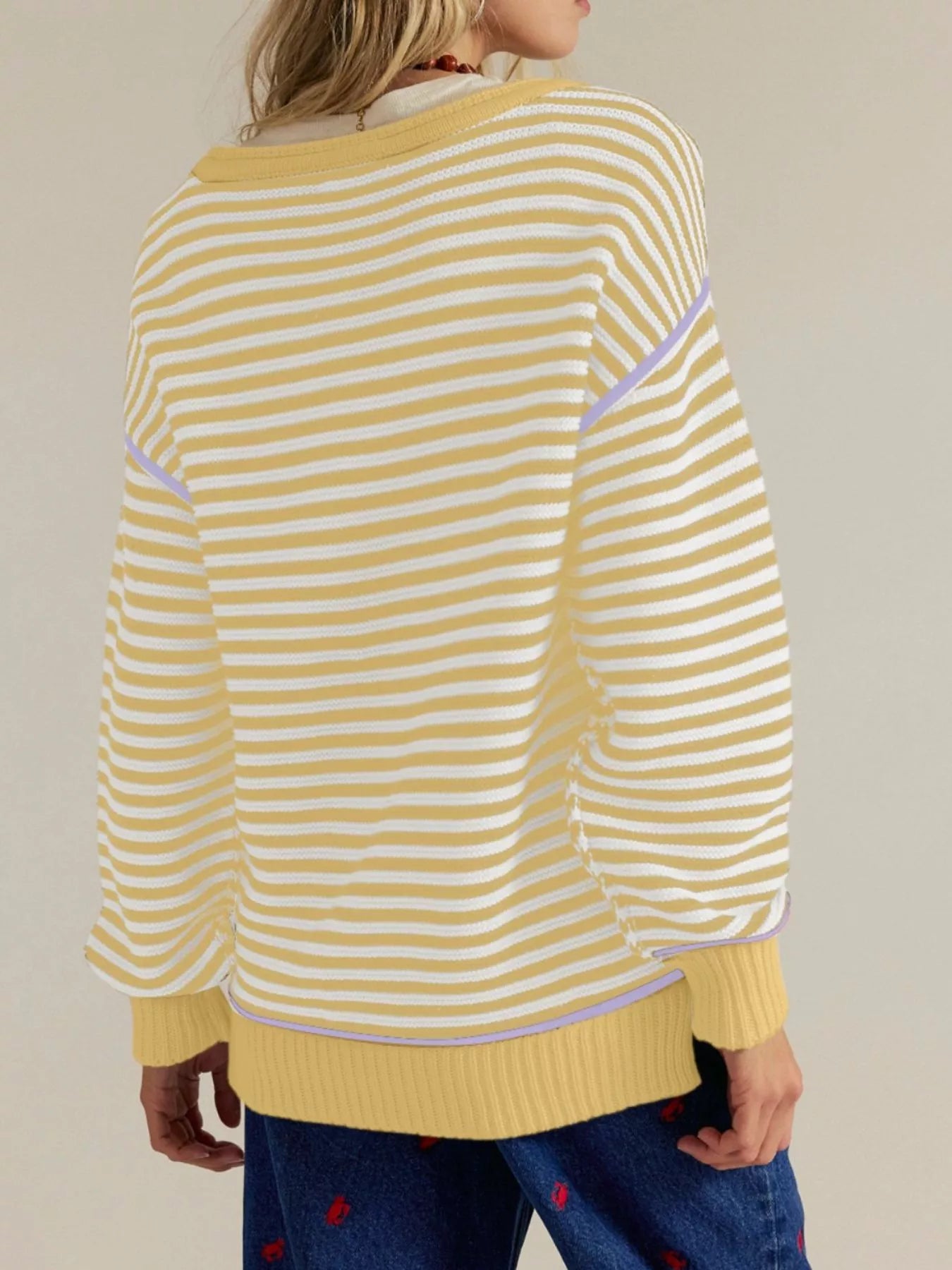 Striped Round Neck Long Sleeve Sweater Trendsi