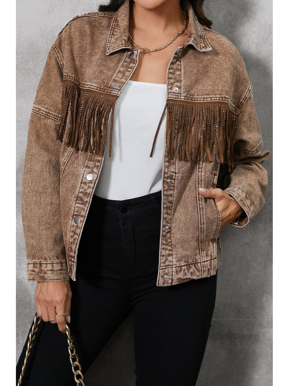 Fringe Trim Snap Down Denim Jacket nicholesgifts