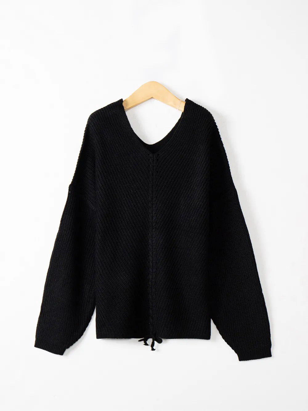 Full Size Lace Up V-Neck Long Sleeve Sweater Trendsi