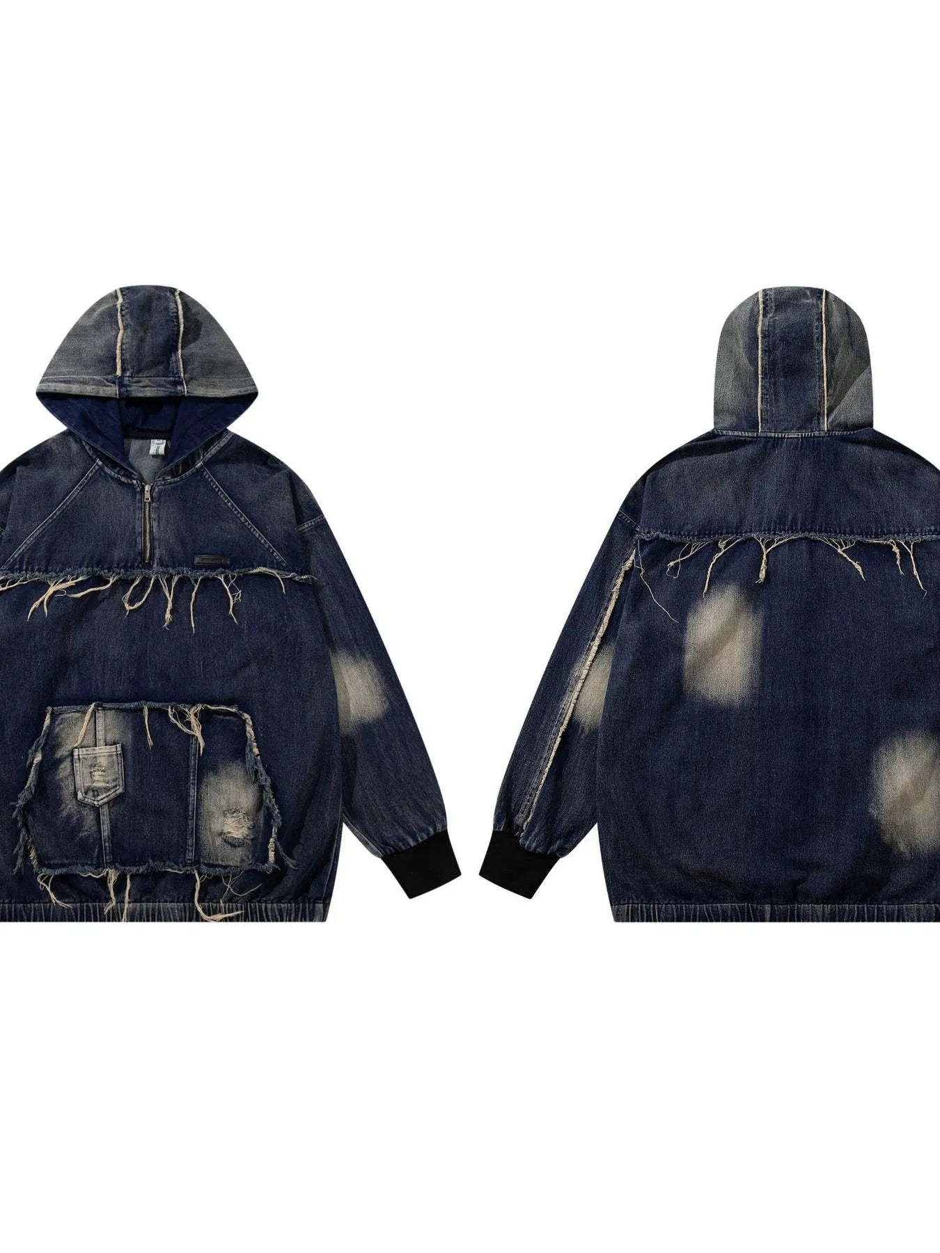 Men's Distressed Denim Patchwork Oversized Hoodie with Frayed Details NicholesGifts