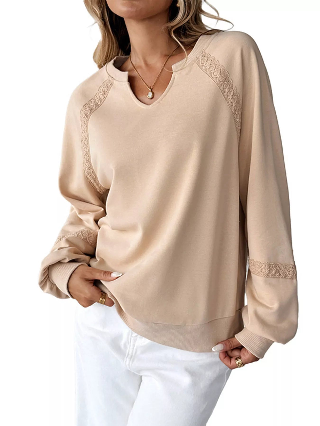 Lace Detail Notched Long Sleeve Sweatshirt Trendsi