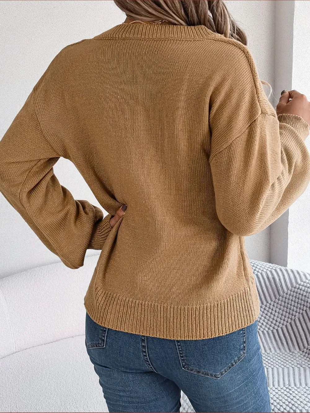 Cable-Knit Buttoned V-Neck Sweater Trendsi