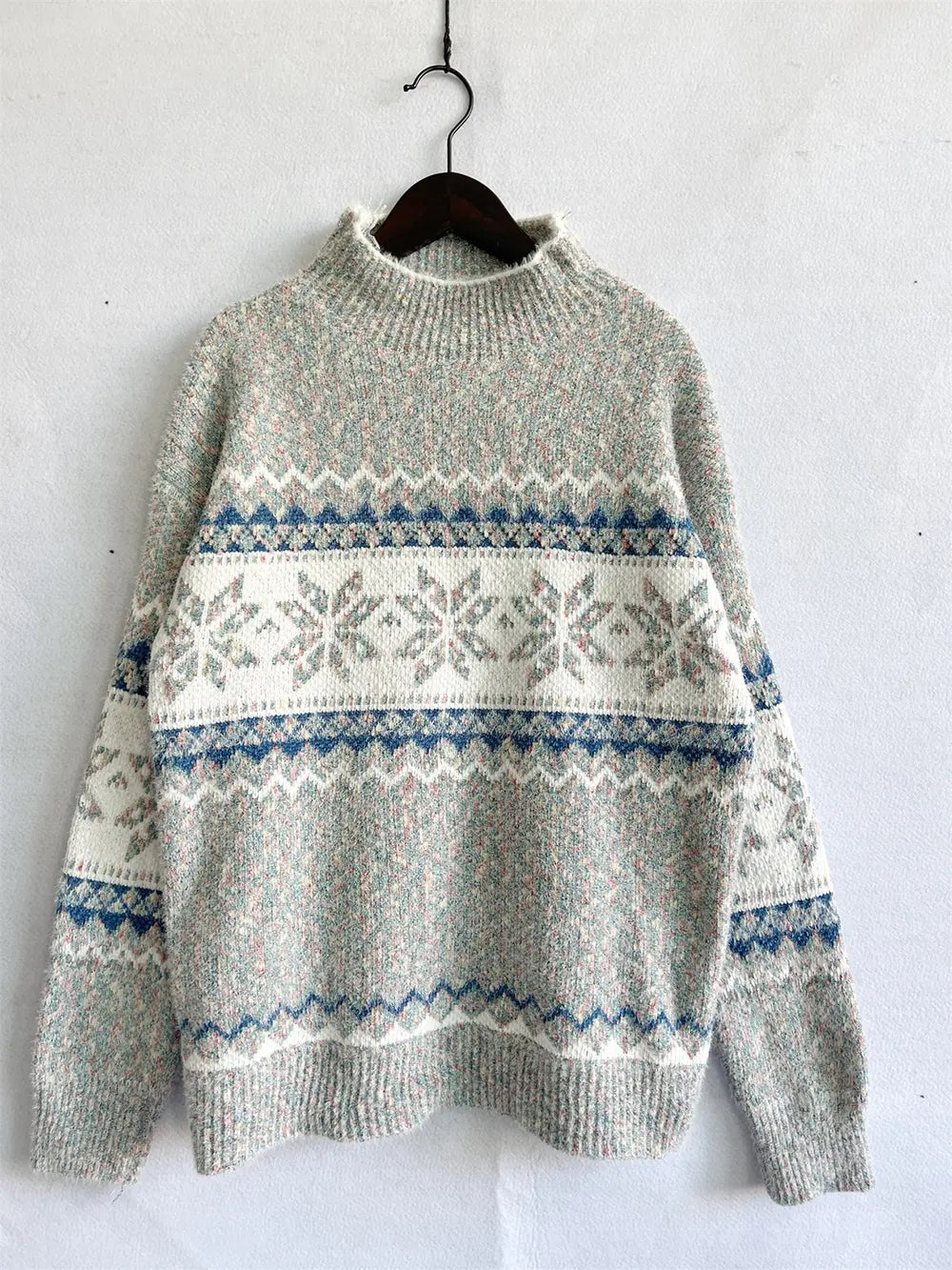 Geometric Mock Neck Dropped Shoulder Sweater Trendsi